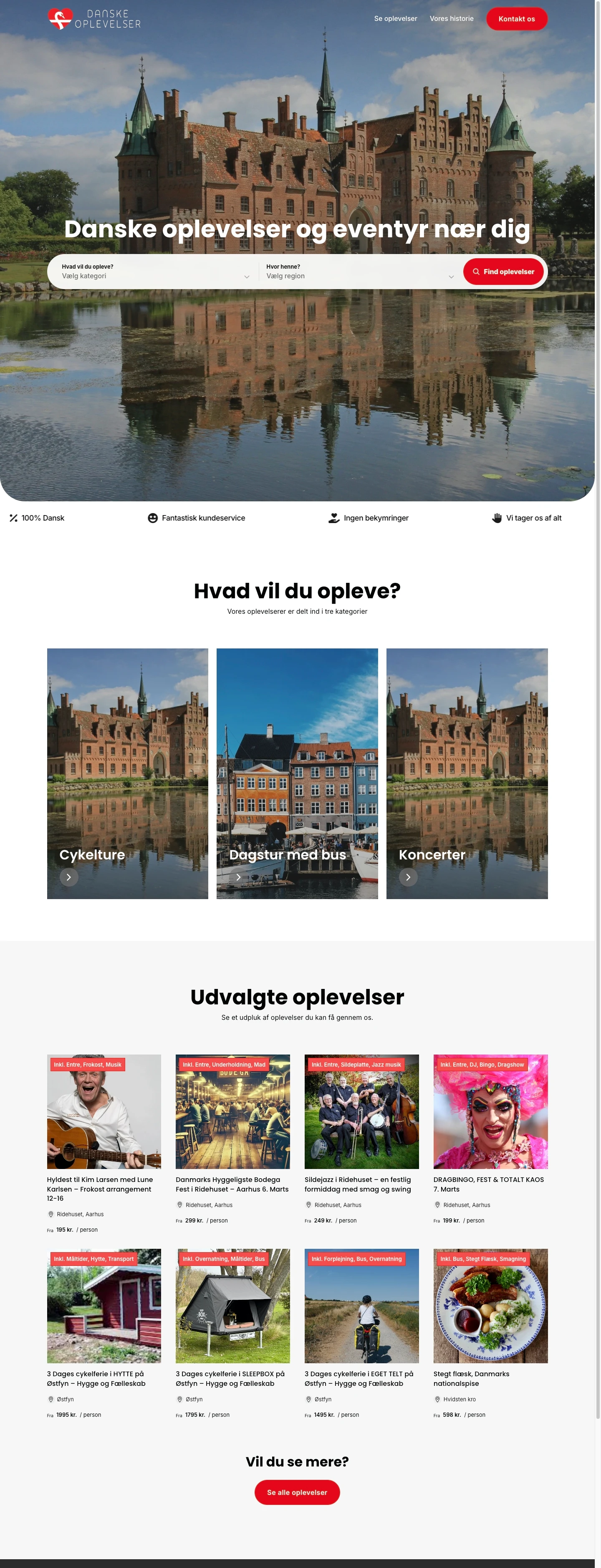 Hele forsiden af Danske Oplevelsers hjemmeside med søgning, kategorier som cykelture og dagsture med bus samt udvalgte oplevelser