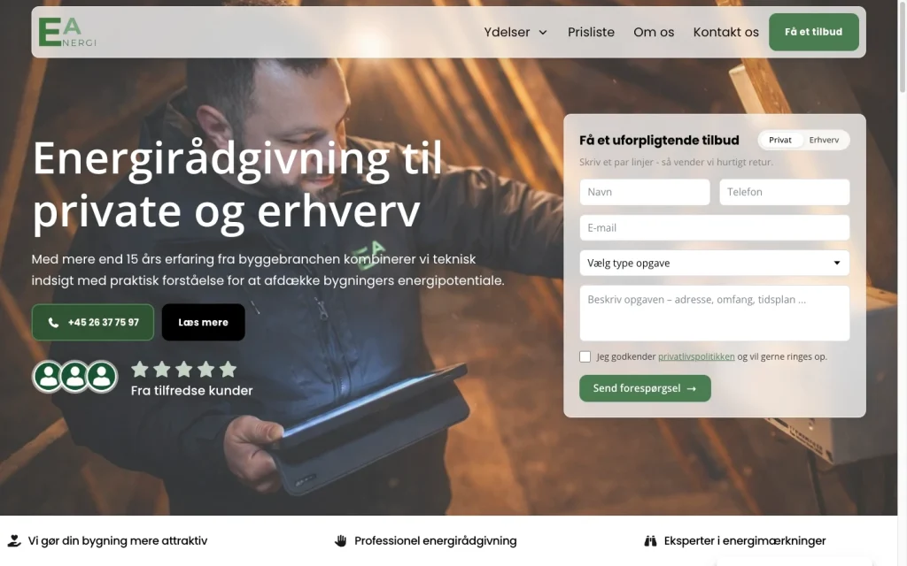 EA Energis forside med energirådgiver på et loft og formular til at indhente tilbud.