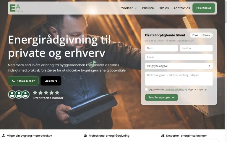 EA Energis forside med energirådgiver på et loft og formular til at indhente tilbud.