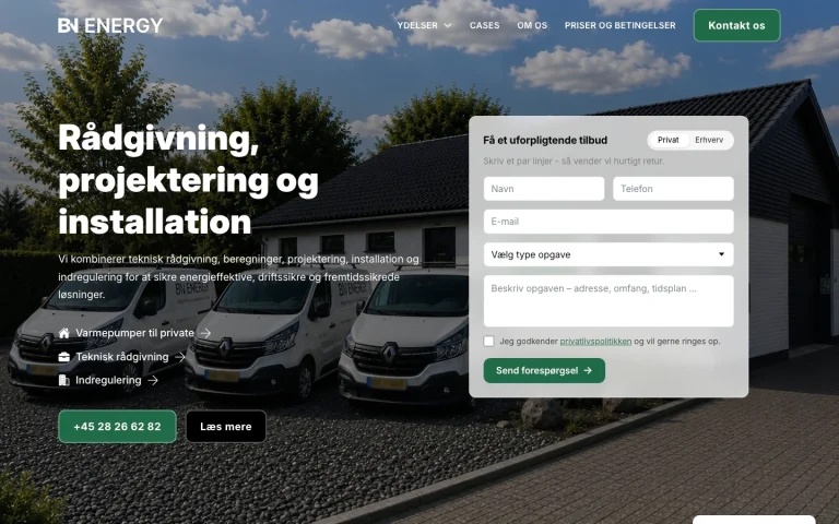 BN Energys forside med firmabiler, tekniske ydelser og formular til at indhente tilbud.